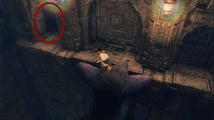 The small age is under the ceiling, in the left corner of the second chamber - Cross two chambers with rotating guards | Walkthrough - Walkthrough - The Last Guardian Game Guide