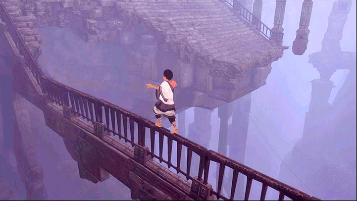 Along your path to the upper part of the ruins, you will have to walk over the balustrade, among others - Find Trico and avoid the other beast | Walkthrough - Walkthrough - The Last Guardian Game Guide