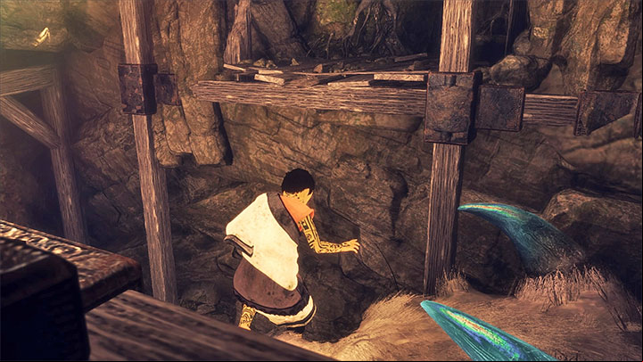 Enter the tunnel o the left, follow it to the very end, turn back and call on Trico (shown in screenshot 1) - Travel through the mine | Walkthrough - Walkthrough - The Last Guardian Game Guide