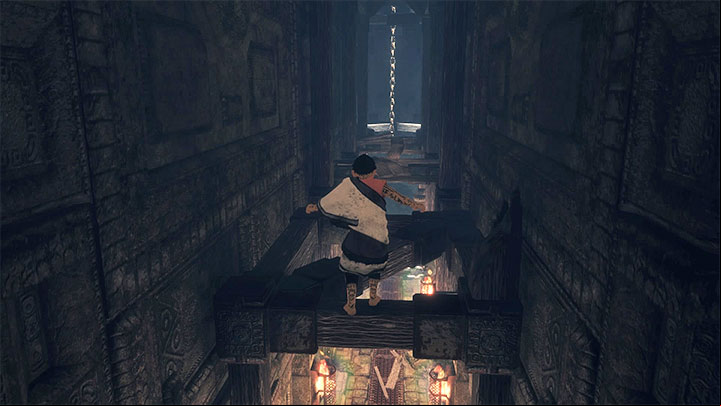 Turn back and take interest in the wooden beams shown in the above screenshot - Defeat the suits of armour and get out of the cage area | Walkthrough - Walkthrough - The Last Guardian Game Guide