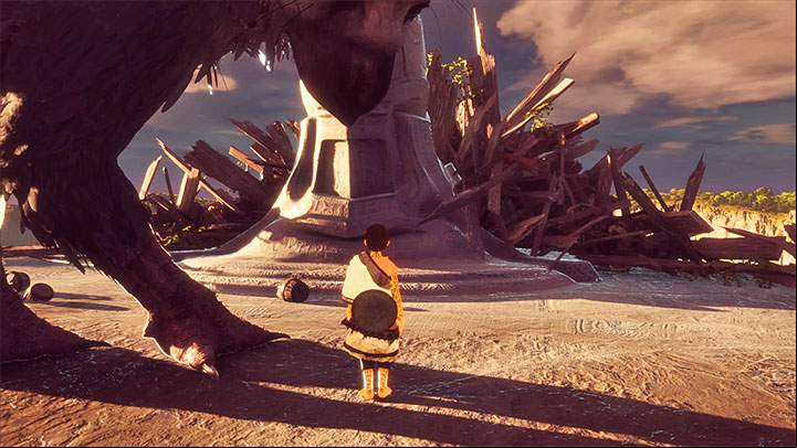 After reaching the top of the tower, begin with moving towards a strange element (screenshot) that is located on its outskirts - Final confrontation with enemy beasts | Walkthrough - Walkthrough - The Last Guardian Game Guide