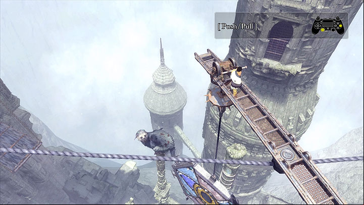 Push over the mechanism with the stained glass pane hanging down from - Climb over towers with ropes extended between them | Walkthrough - Walkthrough - The Last Guardian Game Guide