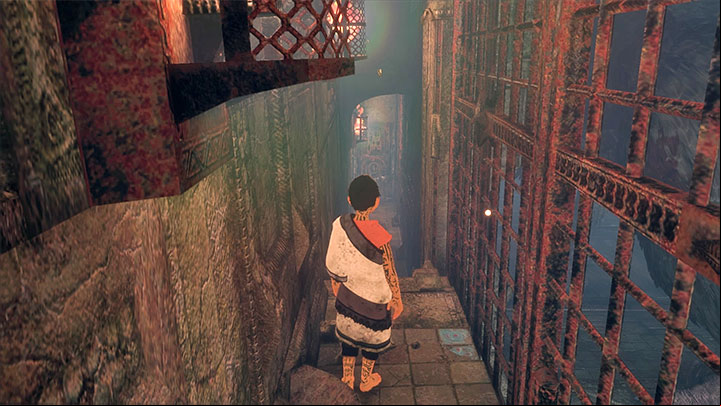 The handle is at the end of a side corridor - Cross the corridors with blue fumes | Walkthrough - Walkthrough - The Last Guardian Game Guide