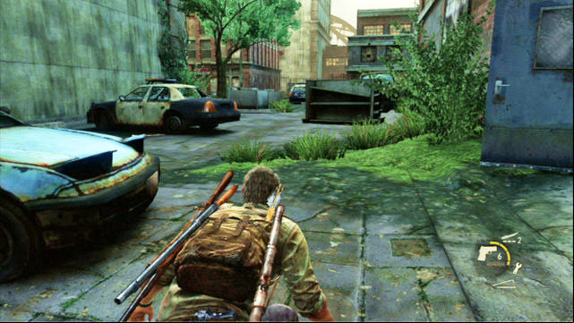 For the time being, walk over to the other side of the building and kill the nearest enemy, while watching out for the bush (if you touch it, this will alarm the enemy) - The Last of Us: Financial District, Pittsburgh Walkthrough, map - Pittsburgh - The Last of Us Guide