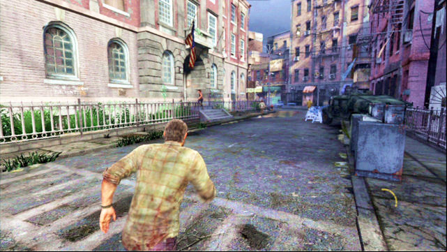 A moment later, there will be an explosion, after which you need to turn around (pull the left analog stick down + X) and follow your companion (press and hold down the L2 button) - The Last of Us: 20 Years Later, The Quarantine Zone Walkthrough - The Quarantine Zone - The Last of Us Guide