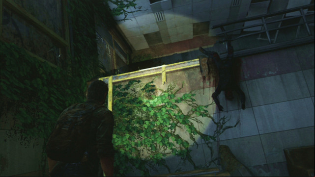 Go left to reach a tall wall with a corpse hanging down from it - The Last of Us: Downtown, The Outskirts Walkthrough, map - The Outskirts - The Last of Us Guide