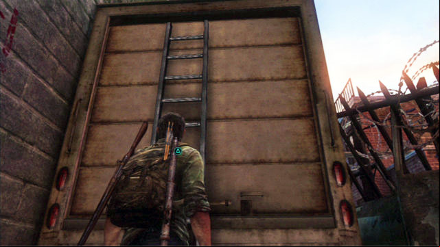 Reach the end of the alley, pick up the arrows stuck in the corpse and climb up to the trucks roof by climbing the ladder that you can find nearby - The Last of Us: The Woods, Bills Town Walkthrough - Bills Town - The Last of Us Guide