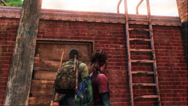 As soon as you walk over the plank, take the board with you and lean it against the nearby wall - The Last of Us: The Woods, Bills Town Walkthrough - Bills Town - The Last of Us Guide