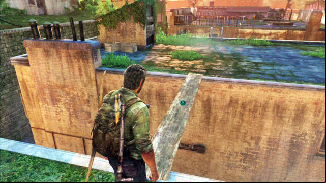 You will then be able to climb the ladder, collect the plank and throw it over to the rooftop of the nearby building - The Last of Us: The Woods, Bills Town Walkthrough - Bills Town - The Last of Us Guide