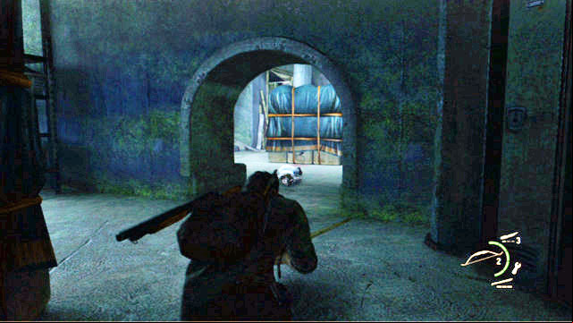 Once you reach the end, take cover and use the bow to take down the zombie approaching from the right - The Last of Us: Sewers, The Suburbs Walkthrough - The Suburbs - The Last of Us Guide