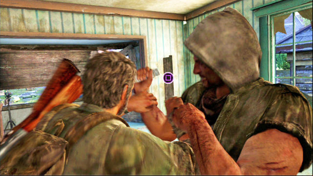 As soon as he attacks you, start tapping the square to counter his attack, and use the sniper rifle - The Last of Us: Suburbs, The Suburbs Walkthrough - The Suburbs - The Last of Us Guide