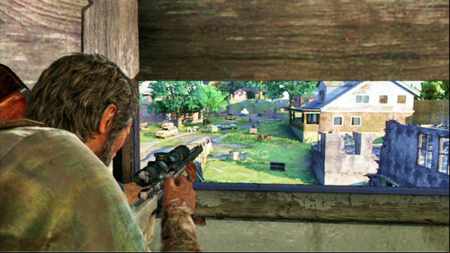 You will now have to cover your companions from the attacking bandits - The Last of Us: Suburbs, The Suburbs Walkthrough - The Suburbs - The Last of Us Guide