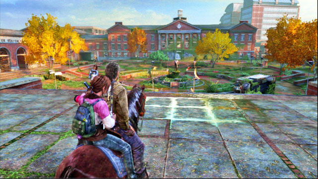 Behind the gate this opens, ride ahead until you reach a big square with a fountain in the middle - The Last of Us: Go Big Horns! The University Walkthrough - The University - The Last of Us Guide