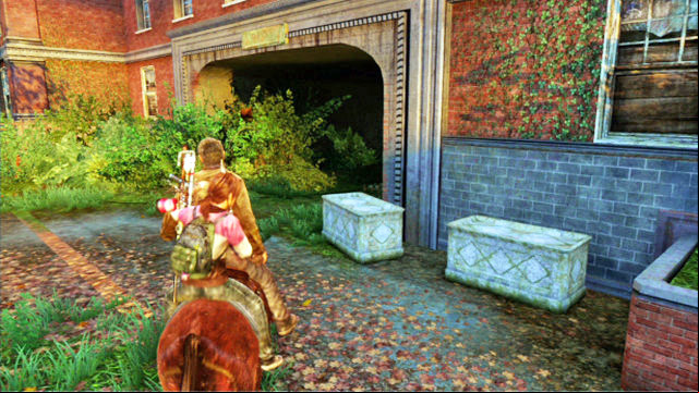There, you should ride to the left edge and turn right - The Last of Us: Go Big Horns! The University Walkthrough - The University - The Last of Us Guide