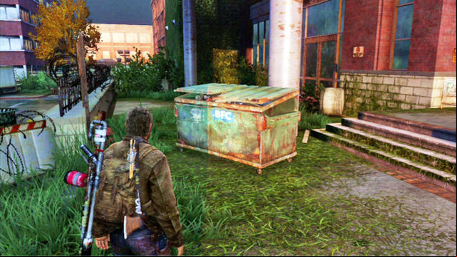 To open it, turn around and give a push to the container on your right - The Last of Us: Go Big Horns! The University Walkthrough - The University - The Last of Us Guide
