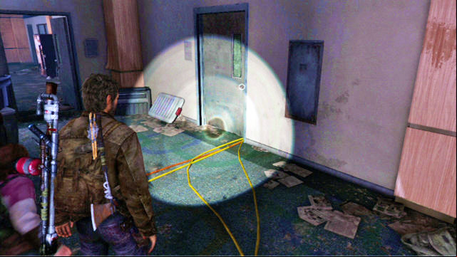 You need to get to the door that the yellow and the red cable go under - The Last of Us: Science Building, The University Walkthrough - The University - The Last of Us Guide