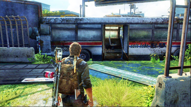 Once you are done with the tents, go to the right edge of this location and walk through the destroyed bus - The Last of Us: Highway Exit, Bus Depot Walkthrough - Bus Depot - The Last of Us Guide