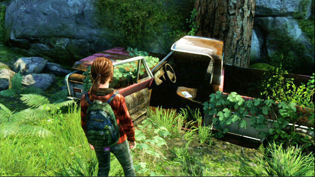 You should now run ahead but, it is worthwhile to check out the car wreck to the right - The Last of Us: Epilogue, Jackson Walkthrough - Jackson - The Last of Us Guide