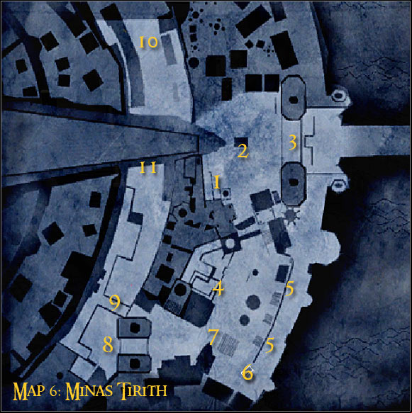 Map legend: 1 - starting area and first checkpoint - Campaign - Forces of good - Mission 5 - Minas Tirith - part 1 - Campaign - Forces of good - The Lord of the Rings: Conquest - Game Guide and Walkthrough