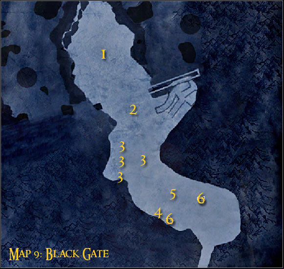 Map legend: 1 - starting area and first checkpoint - Campaign - Forces of good - Mission 8 - Black Gate - part 1 - Campaign - Forces of good - The Lord of the Rings: Conquest - Game Guide and Walkthrough