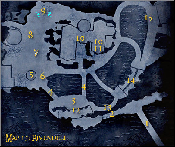 Map legend: 1 - starting area and first checkpoint - Campaign - Forces of evil - Mission 6 - Rivendell - part 1 - Campaign - Forces of evil - The Lord of the Rings: Conquest - Game Guide and Walkthrough