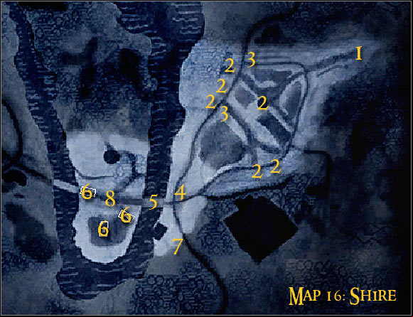 Map legend: 1 - starting area and first checkpoint - Campaign - Forces of evil - Mission 7 - Shire - part 1 - Campaign - Forces of evil - The Lord of the Rings: Conquest - Game Guide and Walkthrough