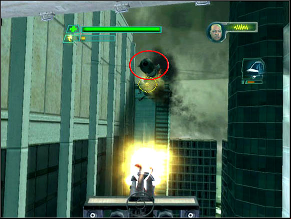 Now we've got the second chance to destroy the chopper but first we shoot to the missile which he send flying towards us - Helicopter Rescue - Walkthrough - The Matrix: Path of Neo - Game Guide and Walkthrough
