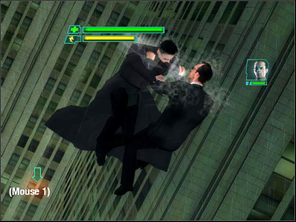 When our enemy is far away from us we wait till he attacks us (he will fly like a torpedo toward us) we make an evade move (we press only the evade button, nothing else) - Mr. Anderson, Welcome Back - Walkthrough - The Matrix: Path of Neo - Game Guide and Walkthrough