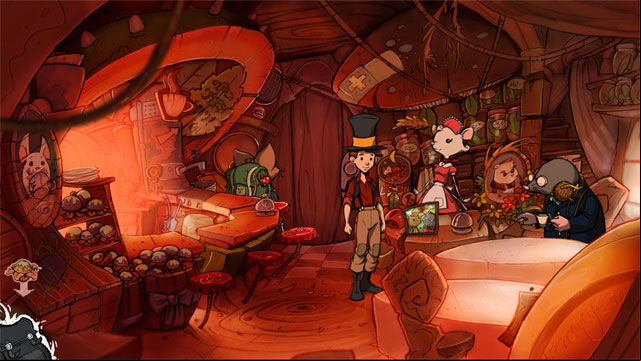 Press bell on the right and Anja will go on this side of the cafe - Adventure in Mousewood - Walkthrough - The Night of the Rabbit - Game Guide and Walkthrough