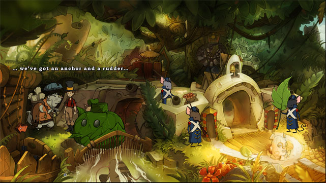 Spitzweg tells you he still need few things: anchor and rudder - Adventure in Mousewood - Walkthrough - The Night of the Rabbit - Game Guide and Walkthrough
