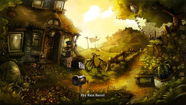 Here click on the dry rain barrel and cricket will stop his noise - The four portals: rockwhisper and greengrow spells - Walkthrough - The Night of the Rabbit - Game Guide and Walkthrough