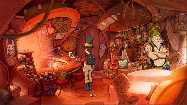 When a mouse with backpack will go out use a key-shaped clock part on the key in the back of cafe - The four portals: rockwhisper and greengrow spells - Walkthrough - The Night of the Rabbit - Game Guide and Walkthrough