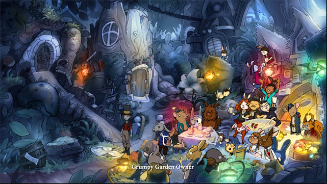 Go out from the cafe and go to the garden - The four portals: rockwhisper and greengrow spells - Walkthrough - The Night of the Rabbit - Game Guide and Walkthrough