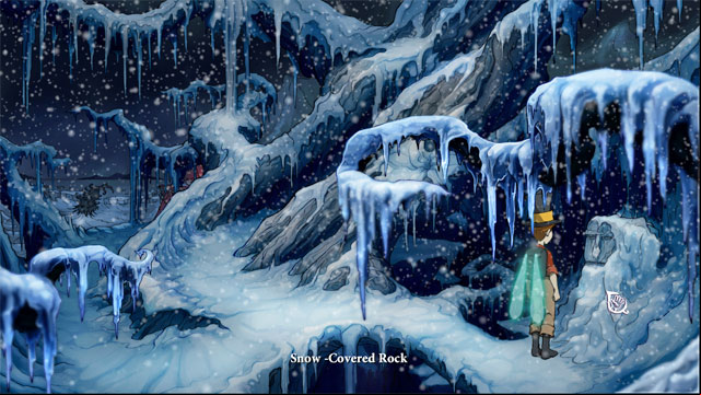 On the right click on a snow-covered rock and then again click on snow-covered rock - The four portals: fox's cunning and glimmer of hope spells - Walkthrough - The Night of the Rabbit - Game Guide and Walkthrough