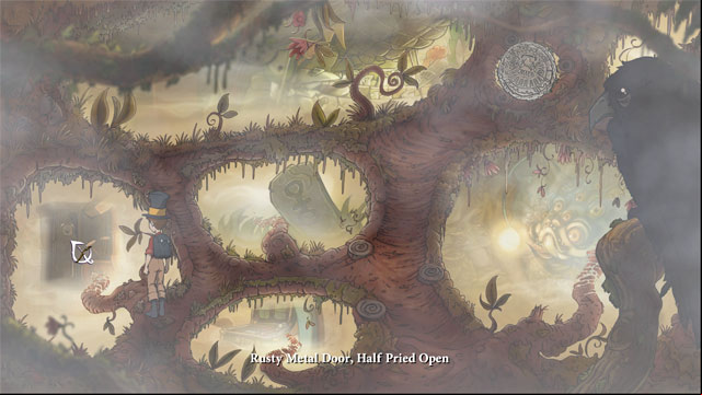 Use the stone wheel one more time and again available paths will change: rusty metal door half pried open, suitcase, stone with marking, anglerfish, nets with acorns - Final fight - Walkthrough - The Night of the Rabbit - Game Guide and Walkthrough
