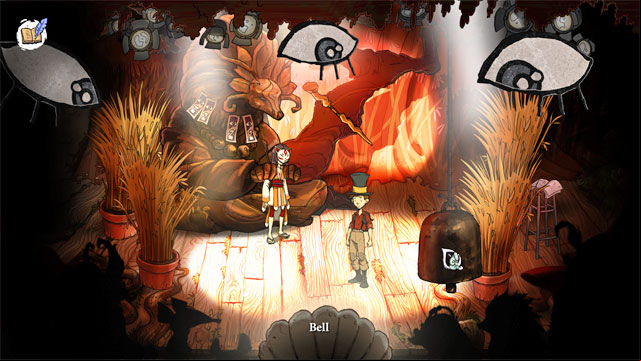 After you get to third location use uncanny sound carrier on big bell - Final fight - Walkthrough - The Night of the Rabbit - Game Guide and Walkthrough