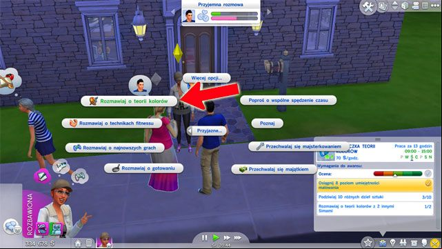 The last promotion requirement is to speak with 2 Sims about the color theory - The Sims 4: Painter - promotion, working hours, earnings - Careers / jobs tracks - Sims 4 Guide