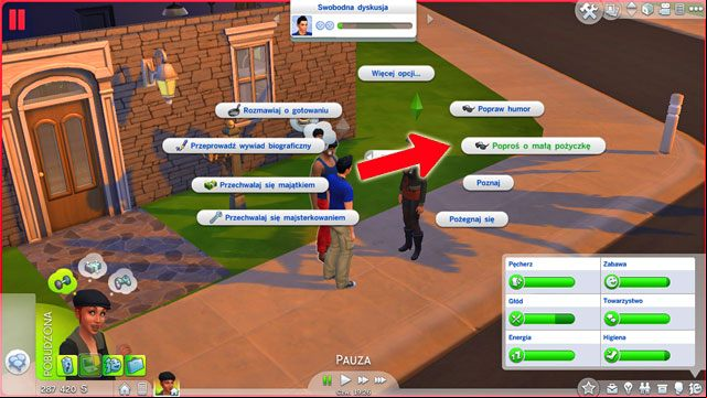If you have Charisma at least on level 7 you can ask a friendly Sim to loan you a small amount of money (500 Simoleons) and from level 9 you can ask for a big loan instead (2000 Simoleons) - The Sims 4: Charisma - tips - Skills - Sims 4 Guide