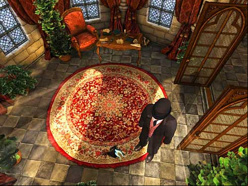 After getting on a veranda, notice a stain on the carpet and click it - Discover the Priests Secret | The Murder in Diocese of Knightsbridge - The Murder in Diocese of Knightsbridge - The Testament of Sherlock Holmes Game Guide