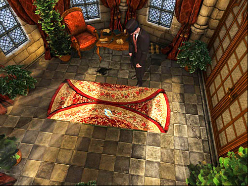 Click on the carpet and Sherlock will move it away - Discover the Priests Secret | The Murder in Diocese of Knightsbridge - The Murder in Diocese of Knightsbridge - The Testament of Sherlock Holmes Game Guide