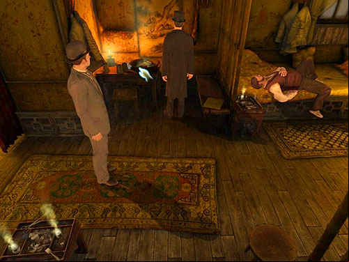 Return to the smoker room and pick up a glass of dirty water from a table on the left - Get to the Closed Room | Slaughter in Whitechapel - Slaughter in Whitechapel - The Testament of Sherlock Holmes Game Guide