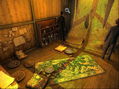 Inside, below the curtain, on the left, notice something like thin door without door knob but with a grilled window - Get to the Closed Room | Slaughter in Whitechapel - Slaughter in Whitechapel - The Testament of Sherlock Holmes Game Guide