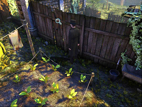 On the other side of patch (next to laundry and exit) and spot a hole in a fence - Find Stolen Laundry | Robbery in Kensington Gardens - Robbery in Kensington Gardens - The Testament of Sherlock Holmes Game Guide
