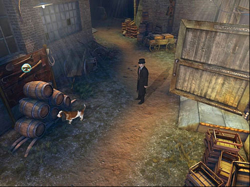 While being outside, pay an attention on a tool opposite to the open door - Get Behind the Gate | Accident at Stinging Street - Accident at Stinging Street - The Testament of Sherlock Holmes Game Guide