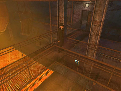 Walk on a metal landing, go straight and turn to head for stairs - Go to the Factory Site and Find Henry | Accident at Stinging Street - Accident at Stinging Street - The Testament of Sherlock Holmes Game Guide