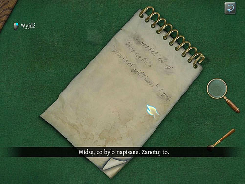 Return to secretarys office, approach the desk and again take a look at a upper left part of notebook - Read a Note | O. Farleys Office - O. Farleys Office - The Testament of Sherlock Holmes Game Guide