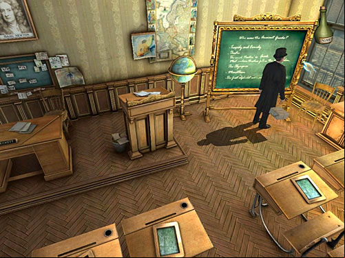 Use it on both screws (left and right one) and rotate a board (click on it) - Reveal What Is Written on the Other Side of the Blackboard | Explosion in Becketts Residence - Explosion in Becketts Residence - The Testament of Sherlock Holmes Game Guide