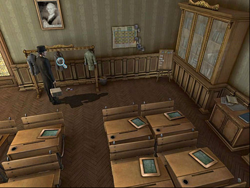 Approach a stand (right of the glazed door) - Find James Desk and Open a Cupboard | Explosion in Becketts Residence - Explosion in Becketts Residence - The Testament of Sherlock Holmes Game Guide