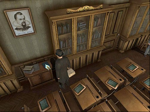 Before you leave classroom, take a school book about schools in USA from a low cupboard between two high shelves - Gather Remaining Teaching Aids | Explosion in Becketts Residence - Explosion in Becketts Residence - The Testament of Sherlock Holmes Game Guide