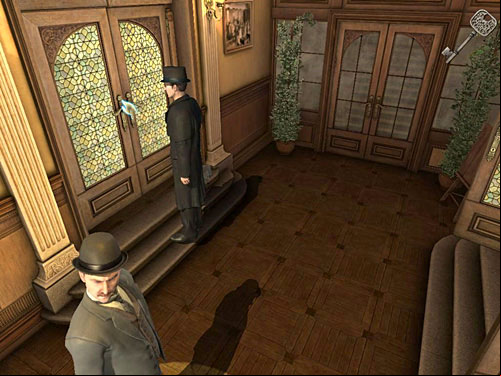 Glazed door opposite the classroom exit leads to Becketts office - Search Judges Office | Explosion in Becketts Residence - Explosion in Becketts Residence - The Testament of Sherlock Holmes Game Guide